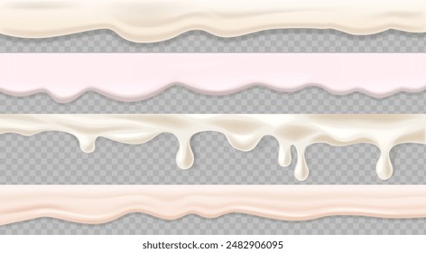 Set Of Flowing Cream Textures Isolated On Transparent Background. Realistic 3d Vector Creamy, Dripping, Liquid Milk