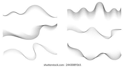 Conjunto de partículas de punto que fluyen patrón de onda de medio tono de degradado negro suave forma curva aislada sobre fondo transparente. Vector en el concepto de tecnología, ciencia, música, modernidad