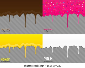 Set of Flowing drops. Chocolate ,donut, honey and milk drops. Vector illustration.