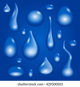 Set flowing drops of dark glass of pure clean water, a template for the design and illustrations. Realistic set of isolated vector illustration