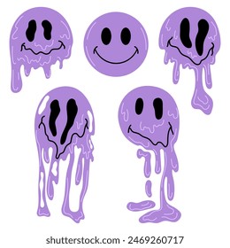 Set of flowing emoticons in flat style. Set of funny emoticons on a white background. Retro badges, 2000s badges.