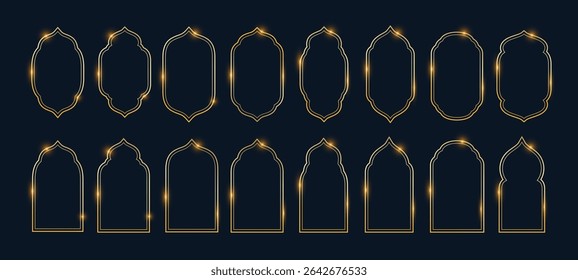 Set of flowing golden outline frames or arched windows in Islamic style on dark background. Geometric frames with highlights. Ramadan Kareem and Eid Mubarak. Icon. Vector flat illustration.