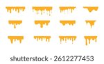 A set of flowing melted caramel. Liquid drips or liquid sauce drop. Seamless drops of honey, Cheese, syrup, mustard, butter, yellow paint, ink, slime on white background