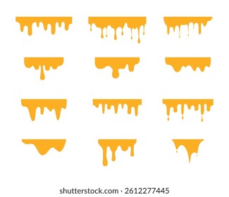 A set of flowing melted caramel. Liquid drips or liquid sauce drop. Seamless drops of honey, Cheese, syrup, mustard, butter, yellow paint, ink, slime on white background