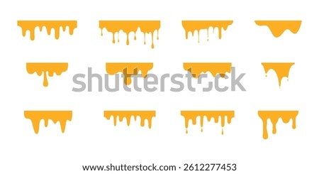 A set of flowing melted caramel. Liquid drips or liquid sauce drop. Seamless drops of honey, Cheese, syrup, mustard, butter, yellow paint, ink, slime on white background