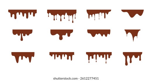 A set of flowing melted chocolate. Liquid drips or liquid sauce drop. Liquid chocolate, cream, syrup, milk, paint, ink, slime, dark chocolate on white background