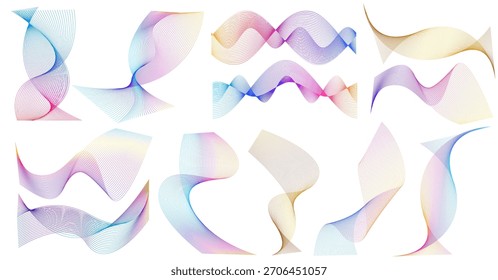 Set of flowing wave line shapes with colorful gradients. Decorative abstract curves perfect for modern backgrounds, posters, digital design, technology layouts, motion graphics, and clean minimal