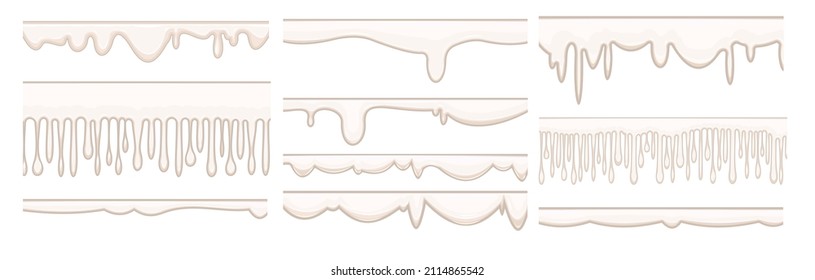 Set of flows of white liquid. Dairy, yogurt, ice cream or milk. White paint flowing down thick. Custard. Drops are slipping. Isolated object on white background. Vector.