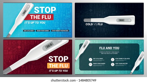 Set of Flu banners and infographics with medicine thermometer. Medical hand draw background