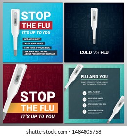 Set of Flu banners and infographics with medicine thermometer. Medical hand draw background