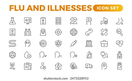 Set of Flu and Illnesses line icons. Collection of linear icons such as hygiene, disinfection, symptoms, treatment, virus, prevention, cancer, coronavirus, mental illnesses, and more.
