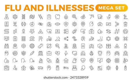 Set of Flu and Illnesses line icons. Collection of linear icons such as hygiene, disinfection, symptoms, treatment, virus, prevention, cancer, coronavirus, mental illnesses, and more.
