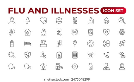 Set of Flu and Illnesses line icons. Collection of linear icons such as hygiene, disinfection, symptoms, treatment, virus, prevention, cancer, coronavirus, mental illnesses, and more.