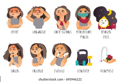 Set of flu, influenza symptoms and curing - headache, rhinitis, coughing, sore throat, cartoon vector illustration isolated on white background. Set of flu symptoms and ways to prevent illness