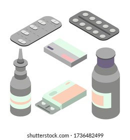 Conjunto de píldoras para la gripe, spray frío y medicación. Ilustración vectorial en estilo isométrico. Aislar sobre un fondo blanco.