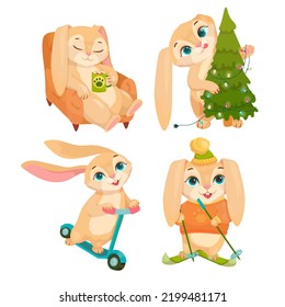 A set of Fluffy Bunnies doing different things. They rest, go for a walk, prepare for the holidays. Cheerful Rabbit. Vector illustration on a white background.