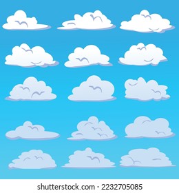 Conjunto de nubes esponjosas de dibujos animados aisladas en un fondo azul. Nubes que se elevan en el aire en varias formas perfectos iconos de logotipo. Ilustración vectorial.
