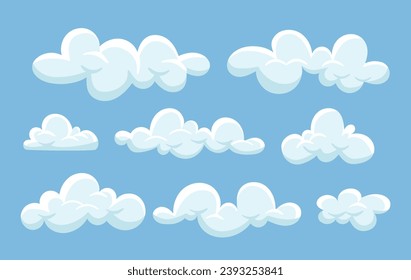 Set of fluffy clouds. Forecast of weather and meteorology. Spring and summer season. Fantasy and imagintaion, dream. Poster or banner. Cartoon flat vector collection isolated on blue background