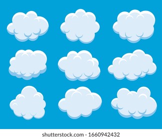 set of fluffy clouds on blue background