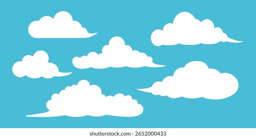 Um conjunto de nuvens fofas sobre um fundo azul claro. Ilustração vetorial.