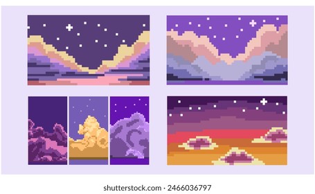 ensemble de nuages Fluffy nuages pixel art ciel soir. Smoke ou brouillard, ciel  éléments logo collection. 8 bit 16 bit sprite. Développement de jeux rétro,