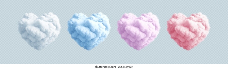 Set of Fluffy Heart Cloud. White, Blue, Pink and Purple Color. Concept Design for Valentines Day Postcard, Banner, Leaflets. Realistic 3d Render. Vector Illustration EPS10 - Shutterstock ID 2253189837