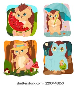 A set of Fluffy Hedgehogs doing different things. They rest, go for a walk, prepare for the holidays. Merry Porcupine. Vector illustration on a white background.