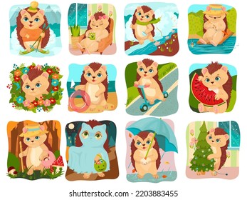 A set of Fluffy Hedgehogs doing different things. They rest, go for a walk, prepare for the holidays. Merry Porcupine. Vector illustration on a white background.
