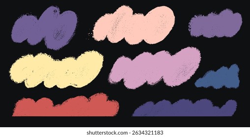 Conjunto de pastel macio crayon desenhado nuvens no estilo das crianças. Ícones ingênuos de rabiscar desenhados à mão infantil. Vetor de giz colorido esboço desenhado de símbolos do céu. Ilustração vetor textura pastel áspera bonito.