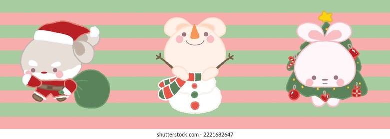 Set of fluffy rabbit in Christmas festival costume, Santa Claus, Snowman, Christmas tree. Hand drawn flat vector illustration in crayon colored texture isolated on red and green background.