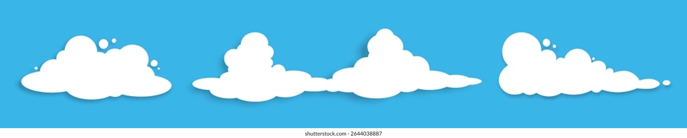 Um conjunto de nuvens brancas macias ícone com uma sombra em um fundo azul. Três nuvens de desenhos animados. Vetor EPS 10