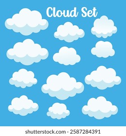 A Set of Fluffy White Clouds on Blue Sky Background - Vector Illustration