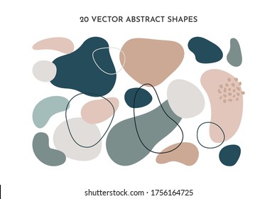 Set of fluid abstract shapes in trendy minimal design and pastel green, pink color. Vector geometric elements for background, cover templates, patterns, logos.