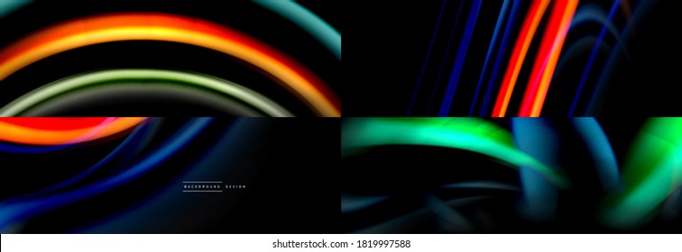 Conjunto de fondos abstractos de color fluido. Líneas de onda líquidas sobre negro. Papeles modernos