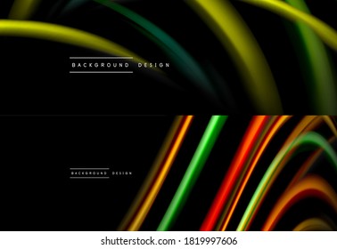 Set of fluid color abstract backgrounds. Liquid wave lines on black. Modern wallpapers