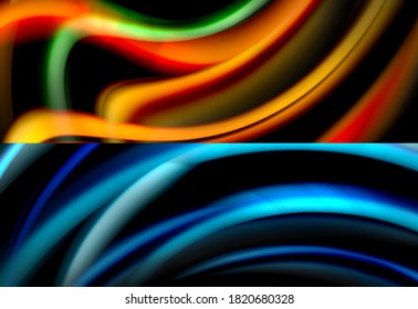 Set of fluid color abstract backgrounds. Liquid wave lines on black. Modern wallpapers
