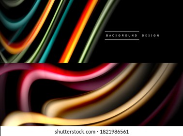 Set of fluid color abstract backgrounds. Liquid wave lines on black. Modern wallpapers