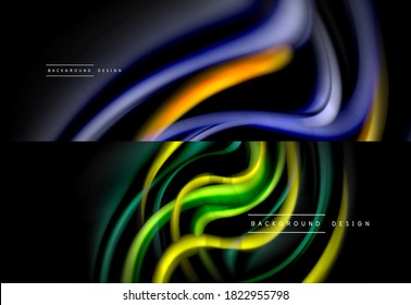 Set of fluid color abstract backgrounds. Liquid wave lines on black. Modern wallpapers