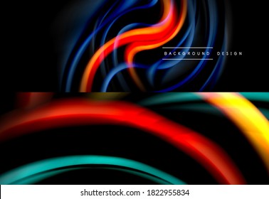 Set of fluid color abstract backgrounds. Liquid wave lines on black. Modern wallpapers