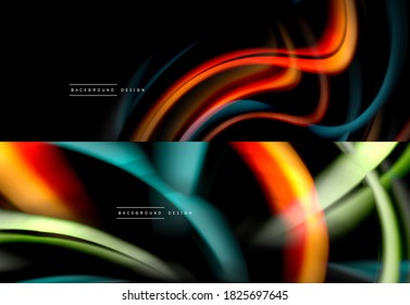 Set of fluid color abstract backgrounds. Liquid wave lines on black. Modern wallpapers