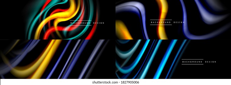 Set of fluid color abstract backgrounds. Liquid wave lines on black. Modern wallpapers