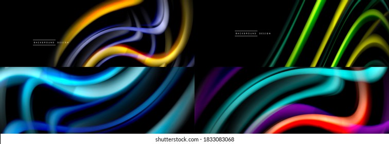 Set of fluid color abstract backgrounds. Liquid wave lines on black. Modern wallpapers