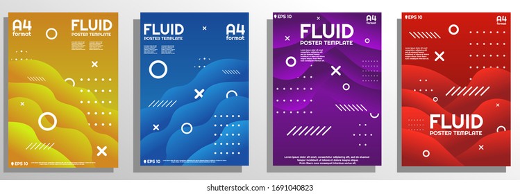 Set of fluid cover designs with different colors and detais, designed in A4 format. Colorful gradients and abstract waves. EPS 10 vector