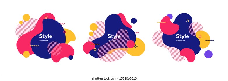 Set fluid geometric abstract badges. Geometric colored forms and lines. Gradient abstract banners with flowing liquid shapes. Trendy design for banners, flyers, presentation slides