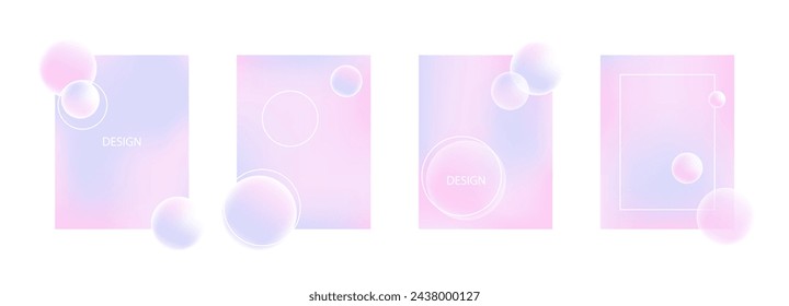 Conjunto de fondos de degradado fluido. Afiches modernos de gradiente fluido con círculos lineales y burbujas. Impresiones estéticas minimalistas de moda con marcos de línea y fondo degradado pastel borroso