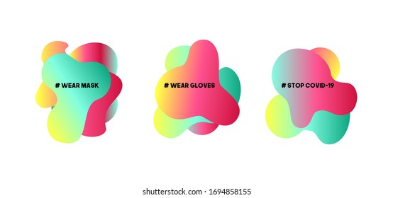Set of fluid gradient vector shapes. Stay home, work at home, stay safe. Social media campaign and coronavirus prevention for reduce risk of infection and spreading the virus.