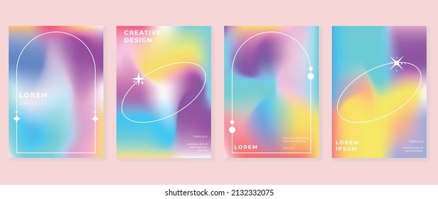 Set of fluid gradient wall art template. Colorful banner with geometric shape with minimalist line and sparkle. Modern wallpaper design perfect for social media, decoration, business, frame, cover.