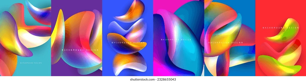 Set of fluid wave background designs feature organic, flowing patterns resembling liquid waves. Exude dynamic energy, harmony, captivating the eye with their smooth curves and soothing color schemes