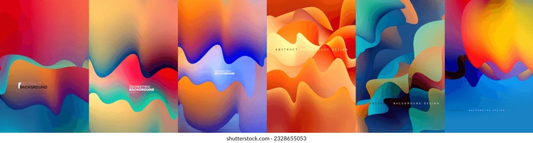 Set of fluid wave background designs feature organic, flowing patterns resembling liquid waves. Exude dynamic energy, harmony, captivating the eye with their smooth curves and soothing color schemes