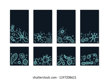 Set of fluorescent bacterias cells templates for social media. Backgrounds with empty space for text. Story and posts covers for networks. Vector doodle style composition.